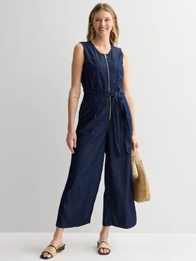 New Nine West Sleeveless Navy Denim Front Zip Up Jumpsuit w/ Tie Waist Sz XL